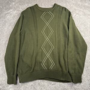 Geoffrey Beene Olive Green Diamond Textured Knit Crewneck Sweater Size XL